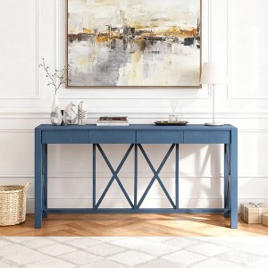 Luxystar 60'' Console Table with 4 Spacious Drawers, Open Bottom Storage for Living Room and Hallway, Navy Blue - 1 of 4