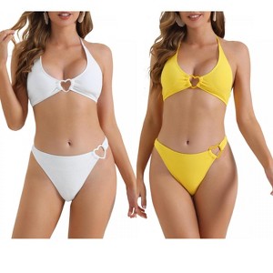 INSPIRE CHIC Women's Ribbed Textured Halter Cute Heart Ring Triangle Bottoms Swimwear Bathing Bikini Suits 2 Sets - 1 of 4