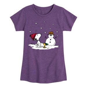 Girls' - Peanuts - Snoopy Woodstock Snowman Fitted Short Sleeve Graphic T-Shirt - 1 of 4