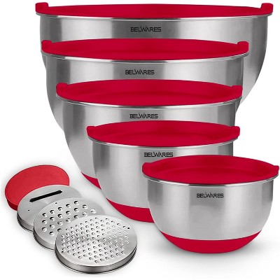 Mixing Bowls with Lids Set - Nesting Bowls with Airtight Lids + Graters - Stainless Steel Non-Slip Mixing Bowl for Baking