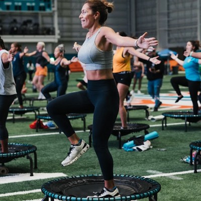 Black and Teal Round Fitness Trampoline with Enclosure