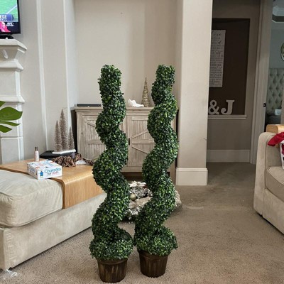 Goplus 4FT Artificial Spiral Boxwood Topiary Tree Set of 2, Faux Decorative  Plants in Cement-Filled Plastic Pot, No-Need-Maintain Leaves Fake Greenery