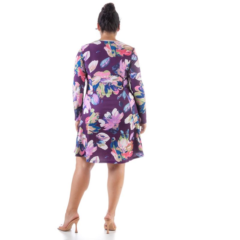 24seven Comfort Apparel Floral Purple Long Sleeve Plus Size Knee Length Dress, 3 of 5