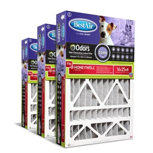BestAir 3pk 16" x 25" x 4" Honeywell Replacement Carbon Air Furnace Filter MERV 11: EPA Certified, Captures Allergens, 16x25x4 - 1 of 4
