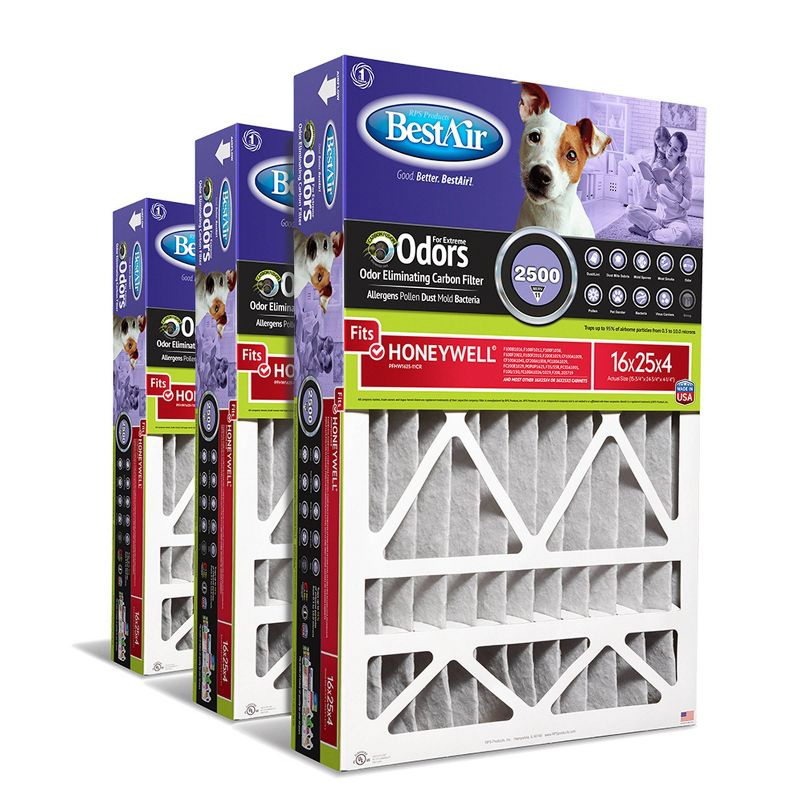BestAir 3pk 16&#34; x 25&#34; x 4&#34; Honeywell Replacement Carbon Air Furnace Filter MERV 11, 1 of 6