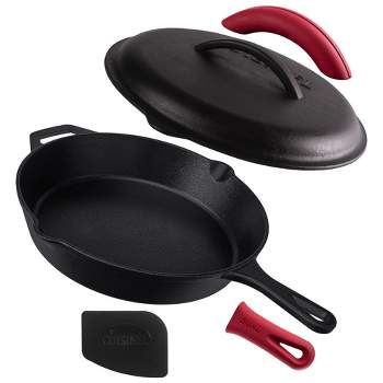 Cuisinel Cast Iron Skillet with Lid - 12"-inch Pre-Seasoned Covered Frying Pan Set + Silicone Handle & Lid Holders + Scraper/Cleaner