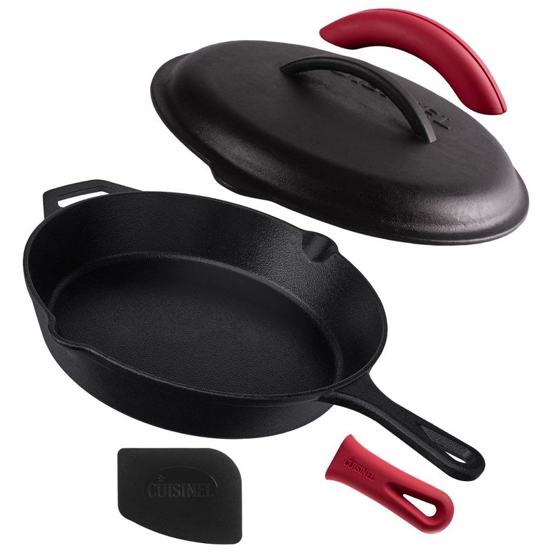 Cuisinel Cast Iron Skillet with Lid - 12"-inch Pre-Seasoned Covered Frying Pan Set + Silicone Handle & Lid Holders + Scraper/Cleaner, 1 of 5