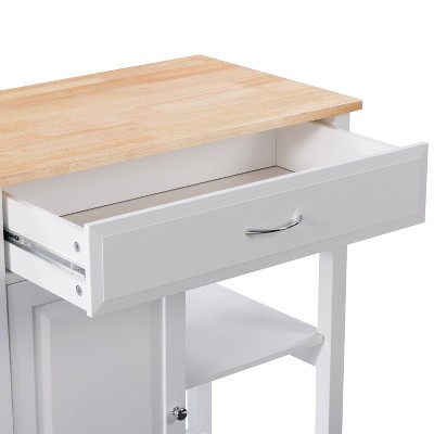White Pinewood Kitchen Cart with Storage and Wheels