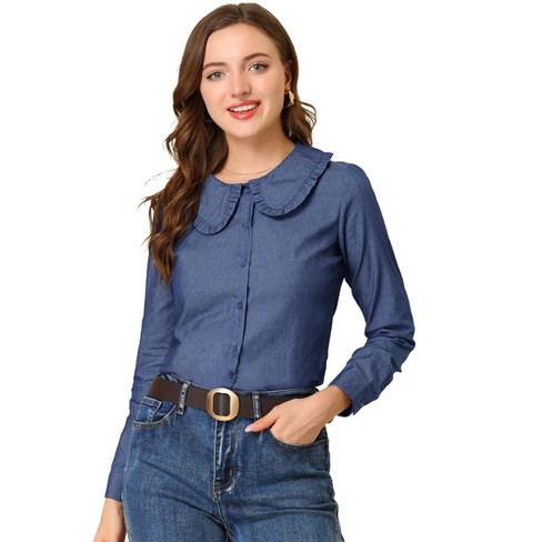 Allegra K Women's Peter Pan Collar Ruffled Button Down Denim Shirt Dark  Blue X-Small