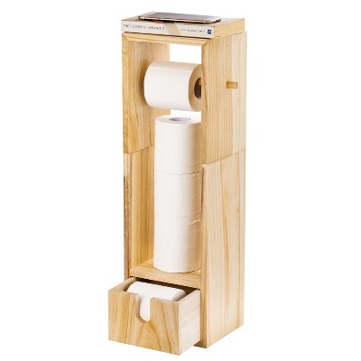 Oumilen Freestanding Wood Toilet Paper Stand with Reserve Storage and Drawer, Brown