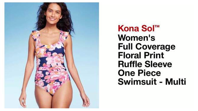 Women's Full Coverage Floral Print Ruffle Sleeve One Piece Swimsuit - Kona Sol™ Multi, 2 of 4, play video