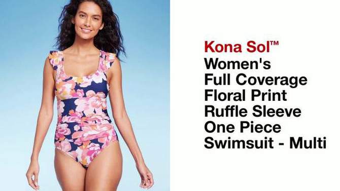 Women's Full Coverage Floral Print Ruffle Sleeve One Piece Swimsuit - Kona Sol™ Multi, 2 of 6, play video