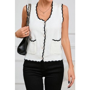 V For City Women's Contrast Trim Scallop Edge Knit Vest Cardigan Sweater For Winter - 1 of 4