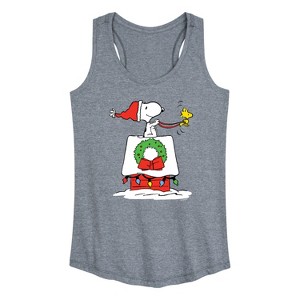 Women's - Peanuts - Snoopy and Woodstock House Sleigh Graphic Racerback Tank - 1 of 4