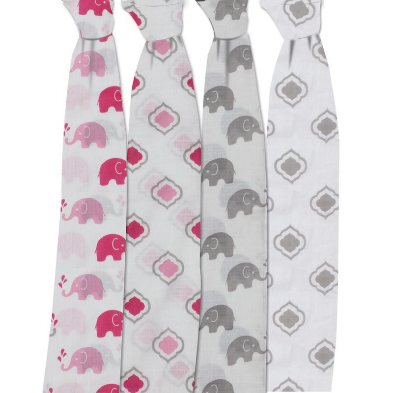Bacati - Elephants Pink/Gray Muslin Swaddling Blankets set of 4, 3 of 6