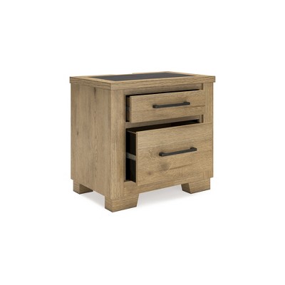 Light Brown 2-Drawer Nightstand with USB Ports