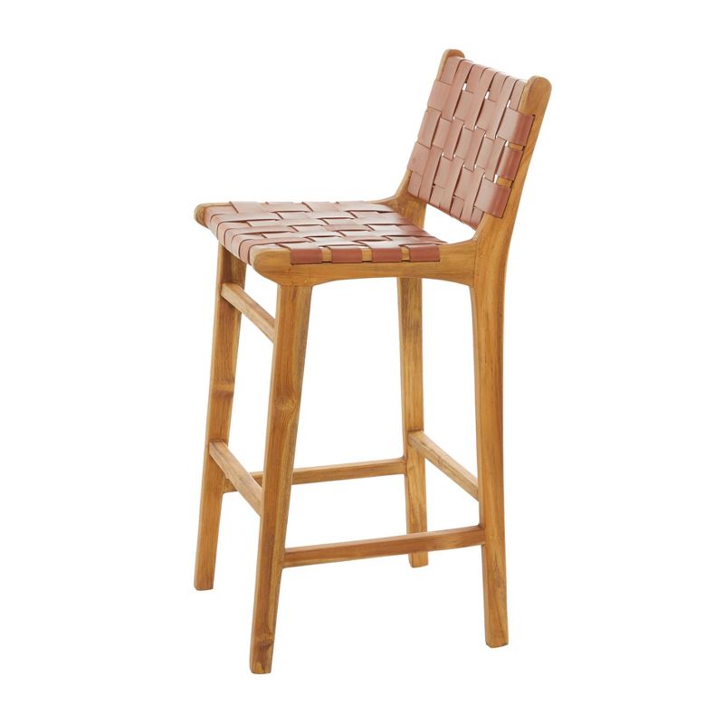 Contemporary Modern Teak Woven Leather Barstool Brown - Olivia &#38; May, 3 of 7