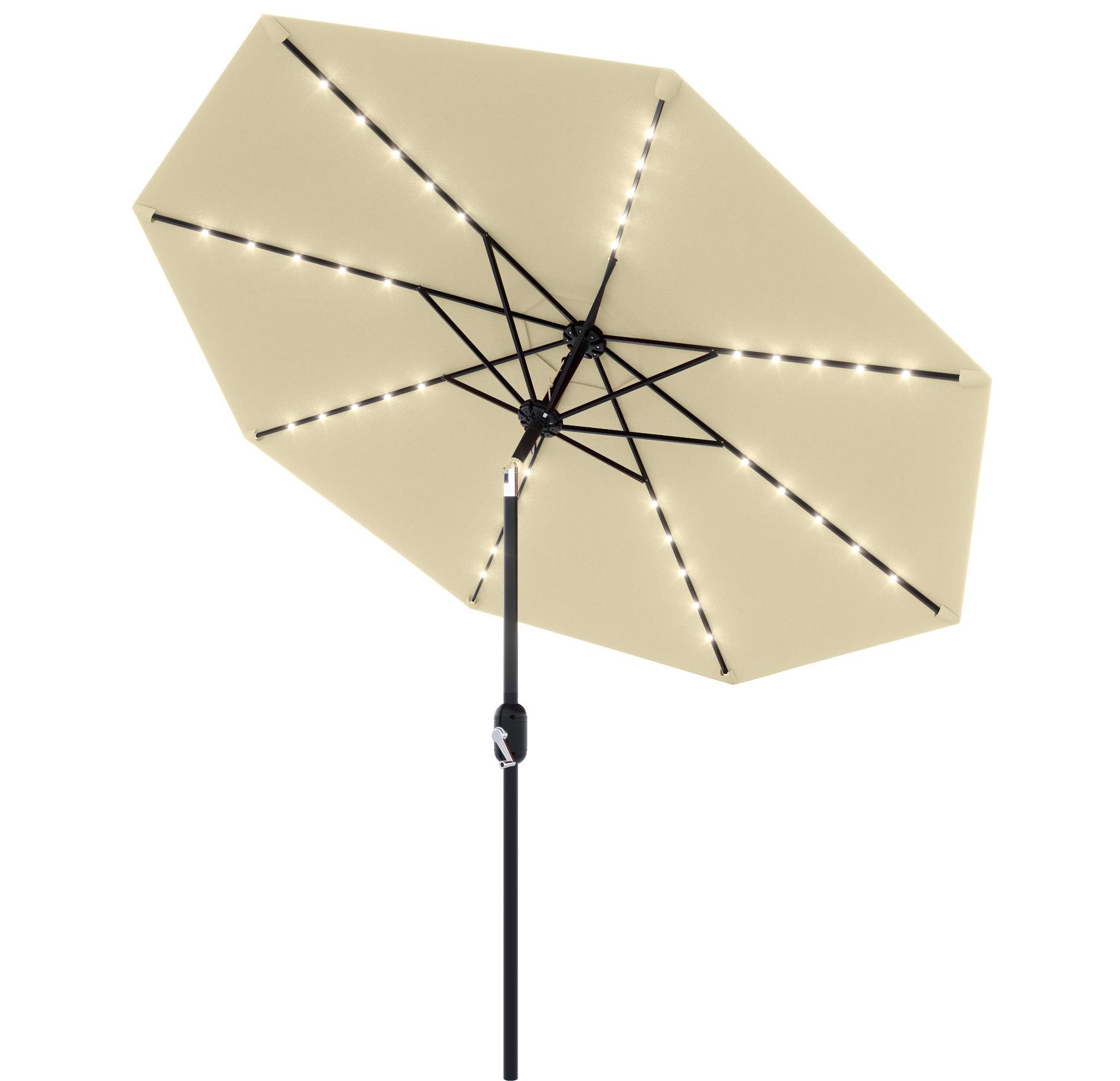 9/10 ft Patio Umbrella with Solar Lights, 8 Ribs Outdoor Market Table Umbrella with LED Lights & Tilt Crank for Pool, Deck, Backyard