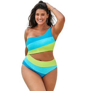 Swimsuits for All Women's Plus Size One Shoulder Color Block Cutout One Piece Swimsuit - 1 of 4