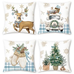 Christmas Throw Pillow Covers 18x18 Inch Reindeer Xmas Tree Truck Gloves Blue Winter - 1 of 4