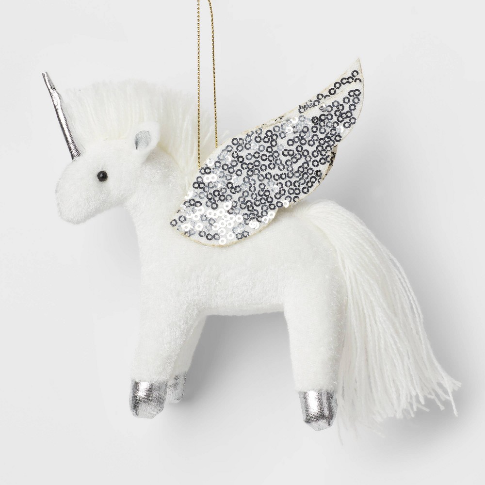 Fabric Unicorn with Sequined Wings Christmas Tree Ornament White/Silver - Wondershop™ (Pack of 6)