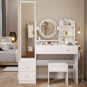 Gulches Full Body Mirror Cabinet + Round Mirror LED Vanity Table + Cushioned Stool,17" diameter LED Mirror, Touch Control, Large desktop - 1 of 4
