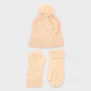 French Connection Women's Cable Knit Hat & Mitten Set with Faux Fur Pom - Winter Warmth Accessories, Soft & Stylish - 1 of 4