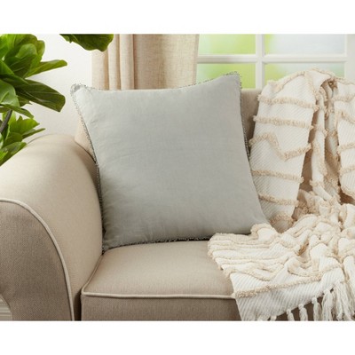 Blue-Grey Linen Square Throw Pillow with Pom-Pom Fringe