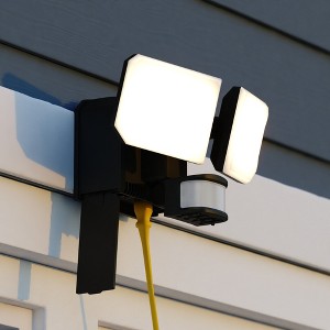 VAXCEL 2-Light Black Motion Sensor Dusk to Dawn Outdoor Security Flood Light with GFCI Outlet , Adjustable Heads, Integrated LED - 1 of 4