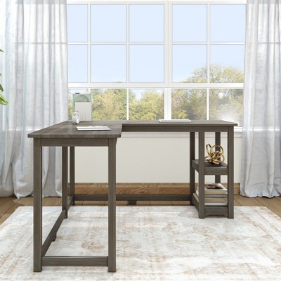 Dark Brown L-Shaped Corner Desk with Shelves