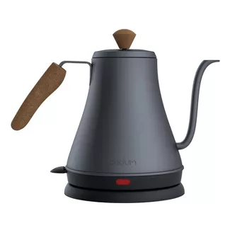 Charcoal gray kettle with a long spout and cork handle and lid
