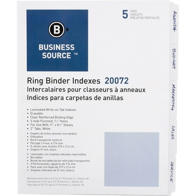 Business Source Erasable Tab Indexes 3HP 5-Tabs 11"x8-1/2" 1/ST White 20072