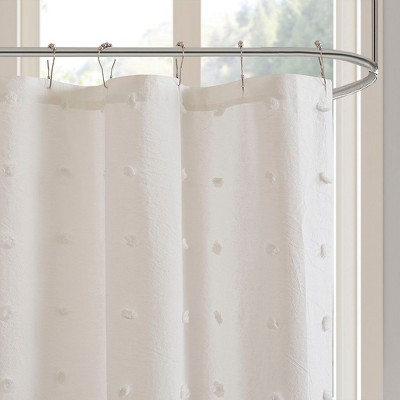 Okak Polka Dot Cotton Jacquard Pom Pom Shower Curtain with Button Holes,Machine Washable Bathroom Decor,72"