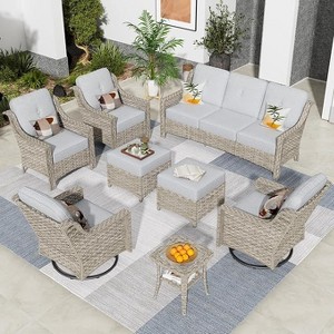 XIZZI 8 Pieces Wicker Sofa with Cushion, Swivel Rocking Chairs, High Back Rattan Chairs and Ottomans, 9 Seats Conversation Set for Backyard - 1 of 4