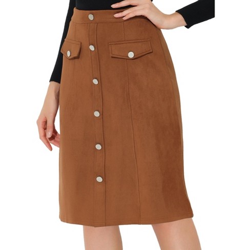 Allegra K Women's High Waist Faux Suede Knee Length A-Line Skirts Brown  Small