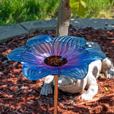 Blue Glass Flower Bird Bath with Copper Stake and Black Clamp