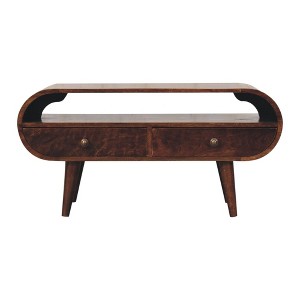 35" Solid Mango Wood California Circular TV Stand with 2 Drawers, Open Slot, and Nordic Legs for Living Room and Bedroom - 1 of 4