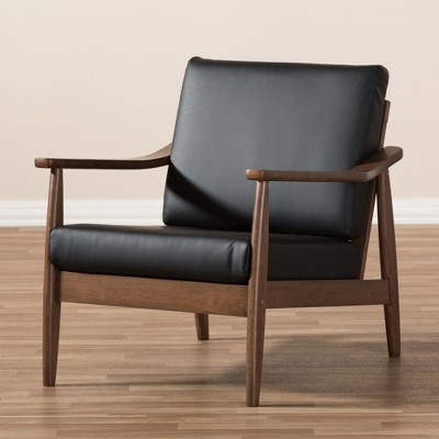 Venza Mid-Century Modern Lounge Chair in Black Faux Leather & Walnut