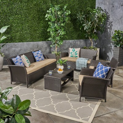 Christopher Knight Home Lucia Outdoor Wicker 7 Seater Chat Set with Cushion