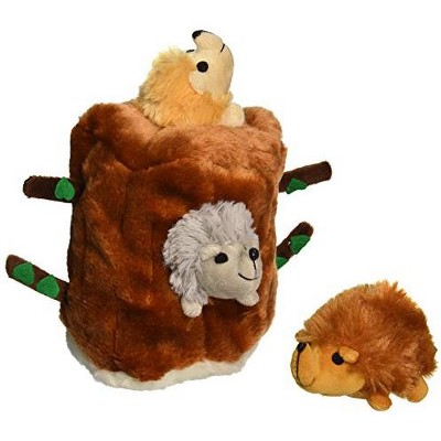 Multipet Tree Stump Plush Hideaway Puzzle Dog Toy with Plush Hedgehog Squeak Toys