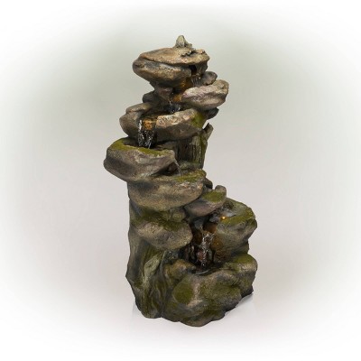 Rustic Gray and Brown Multi-Tier Stone Fountain with LED Lights