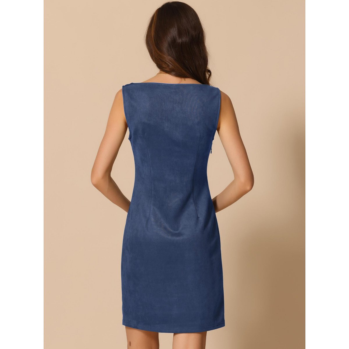 Женские платья INSPIRE CHIC Women's Faux Suede Boat Neck Sleeveless Sheath Dress Small Dark Blue — фото 3