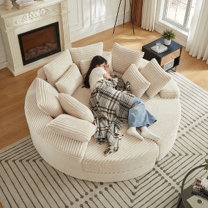 78.5in Corduroy Round Oversized Recliner, 2 in 1 Sofa Bed Converts into Two Recliners, Neck Pillow Design With Five Throw Pillows, No Assembly - 1 of 4