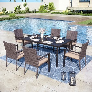 Captiva Designs 7pc Patio Dining Set with Geometric Pattern Rectangle Table & Rattan Chairs with Cushions - 1 of 4