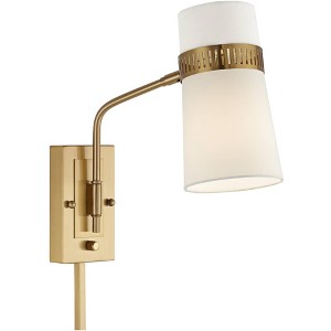 Possini Euro Design Cartwright Modern Wall Lamp Antique Brass Plug-in Light Fixture Swing Arm Beige Linen Cylinder Shade for Bedroom Bathroom Vanity - 1 of 4