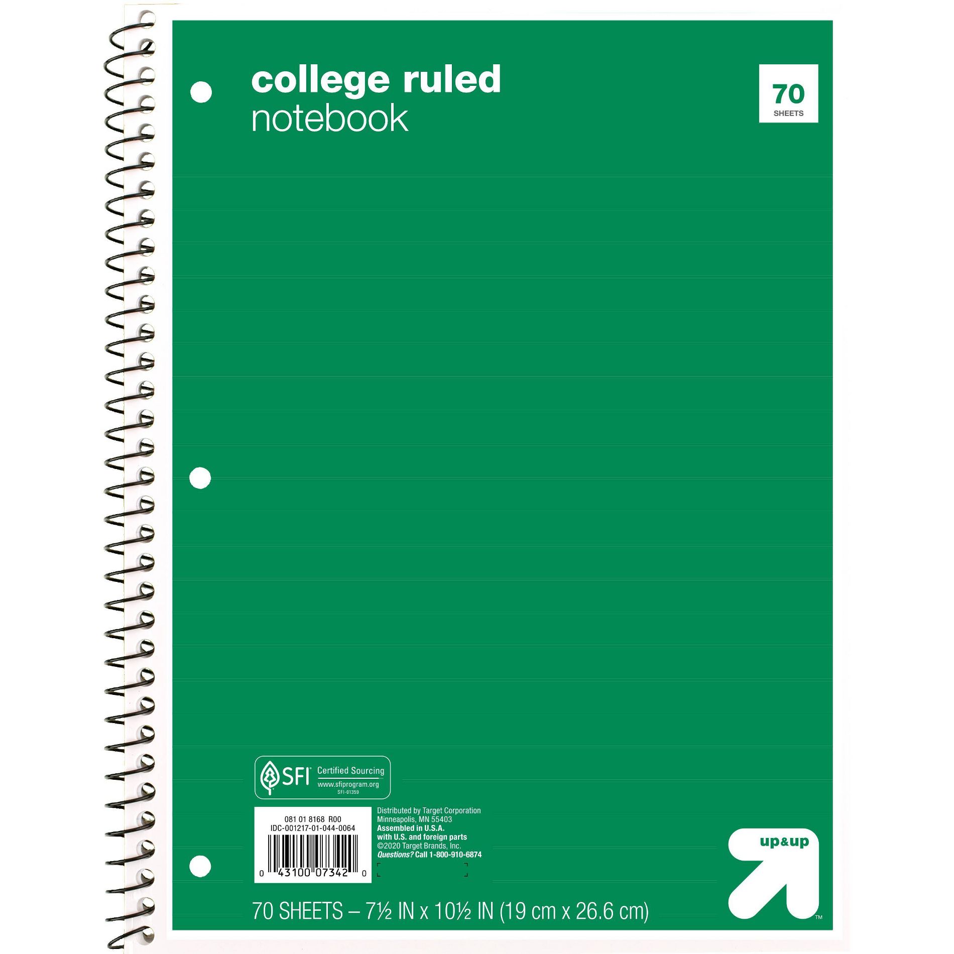 College Ruled Green 1 Subject Flexible Paperboard Cover Spiral Notebook - up&up™: 70 Pages, 3 Hole Punched, 7.5x10.5"