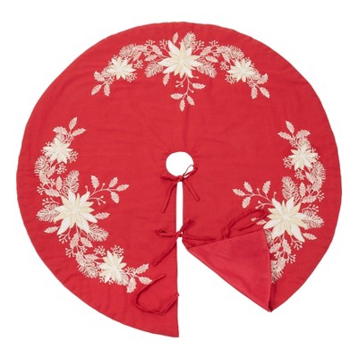 Red Embroidered Holly Christmas Tree Skirt, 72 inches