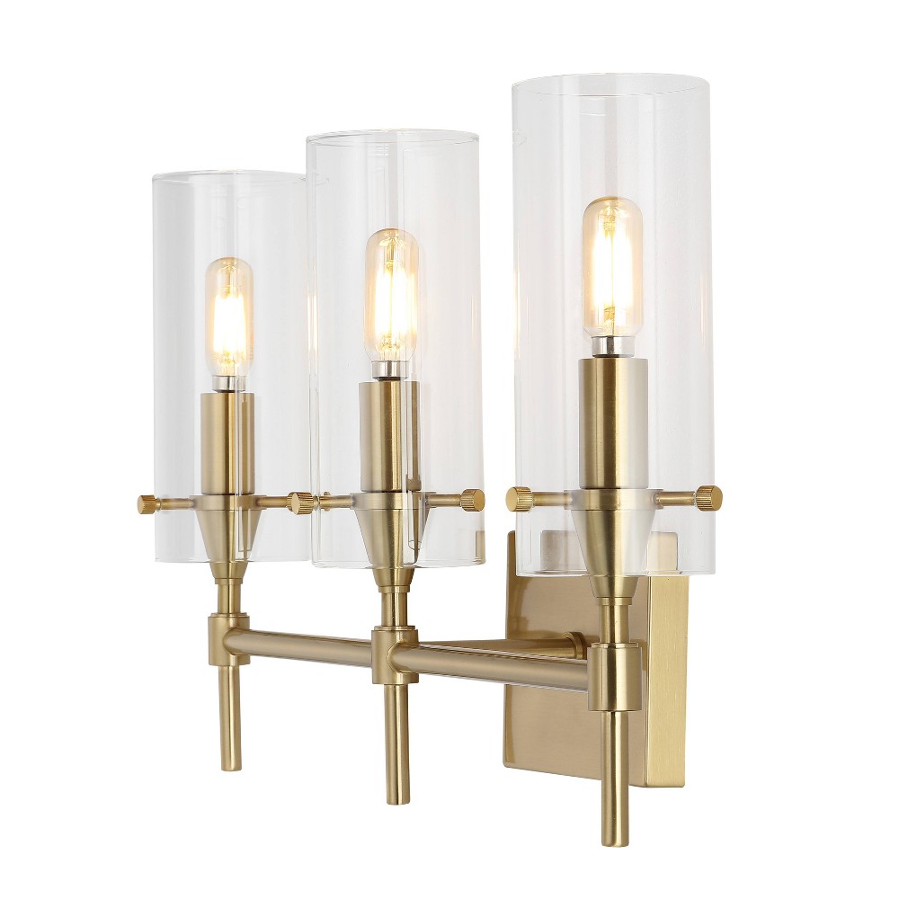 21.25" 3-Light Cato Modern Iron/Glass LED Vanity Brass Gold/Clear - JONATHAN Y: UL Listed, Mid-Century Wall Sconce
