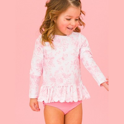 RuffleButts Girls Upf50+ Sun Protected Scallop Hem Long Sleeve Rash Guard Bikini - Bubblegum Pink Butterfly Garden Toile, 6 — фото 2