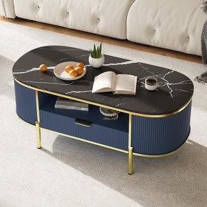 Modern Oval Coffee Table with Storage Organizer, 48" Wood Fluted Center Table for Living Room Office - 1 of 4